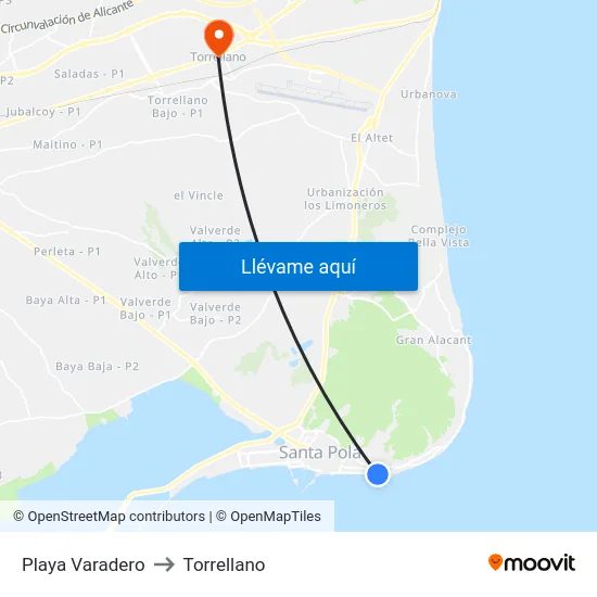 Playa Varadero to Torrellano map