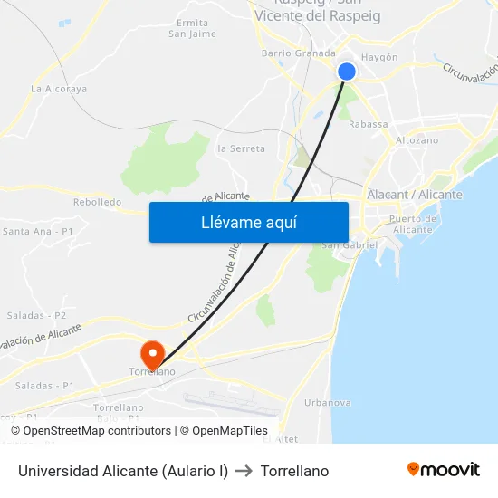 Universidad Alicante (Aulario I) to Torrellano map