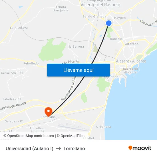 Universidad (Aulario I) to Torrellano map