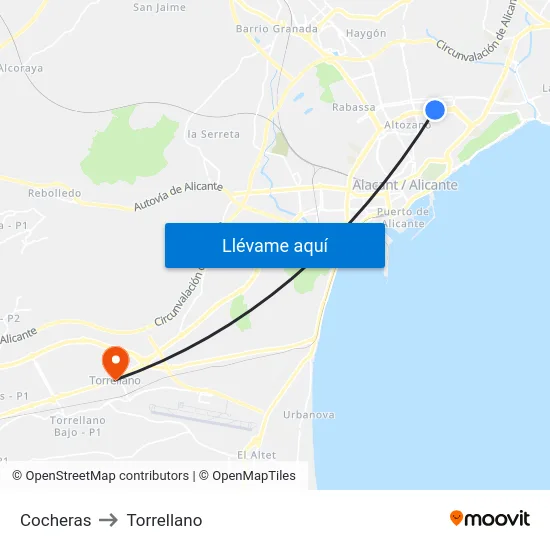 Cocheras to Torrellano map