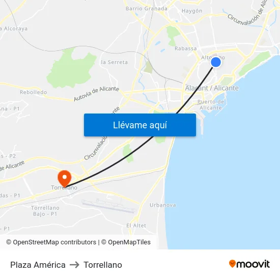 Plaza América to Torrellano map