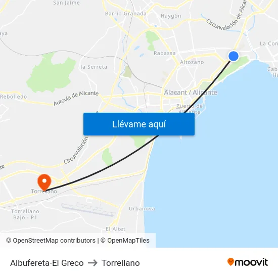 Albufereta-El Greco to Torrellano map