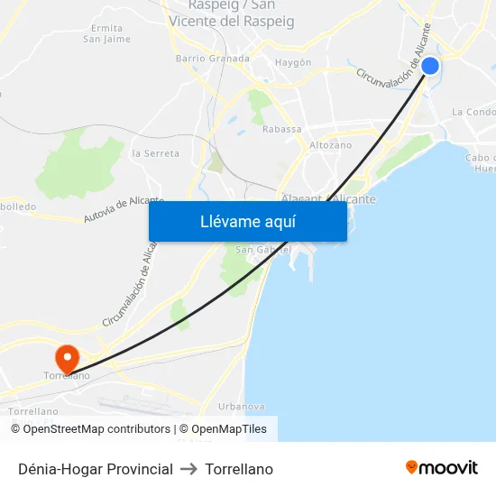 Dénia-Hogar Provincial to Torrellano map