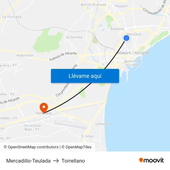Mercadillo-Teulada to Torrellano map