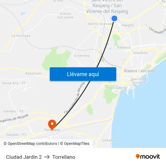 Ciudad Jardin 2 to Torrellano map