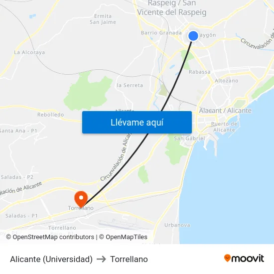 Alicante (Universidad) to Torrellano map