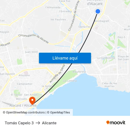Tomás Capelo 3 to Alicante map