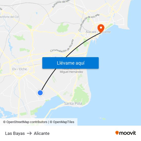 Las Bayas to Alicante map
