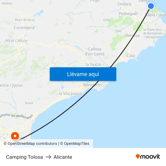 Camping Tolosa to Alicante map