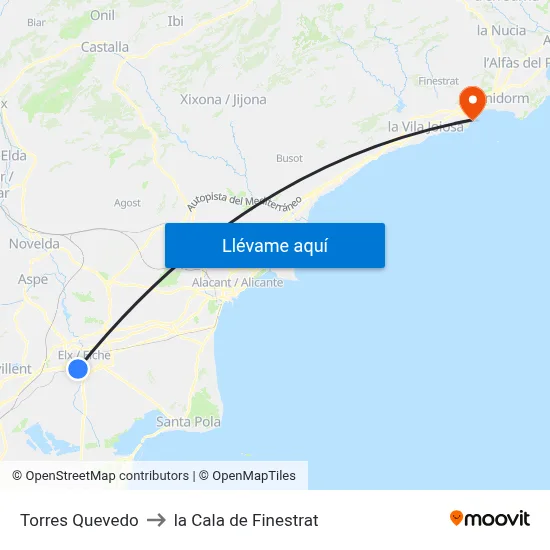 Torres Quevedo to la Cala de Finestrat map