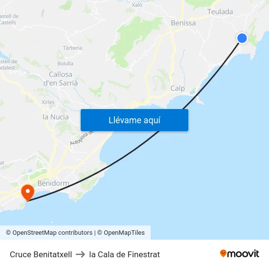 Cruce Benitatxell to la Cala de Finestrat map