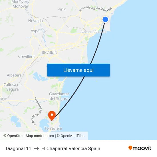 Diagonal 11 to El Chaparral Valencia Spain map