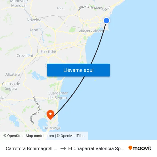 Carretera Benimagrell 69 to El Chaparral Valencia Spain map