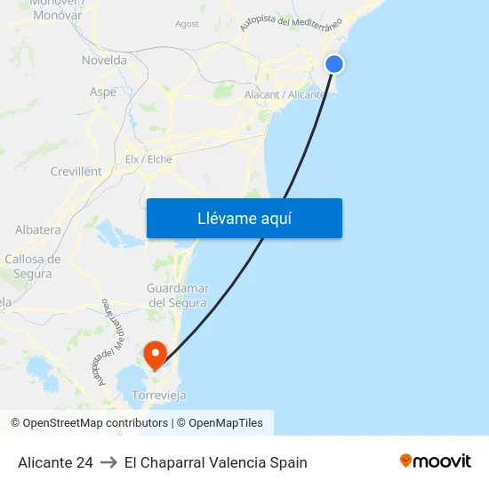 Alicante 24 to El Chaparral Valencia Spain map