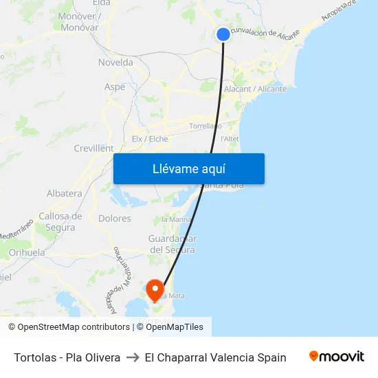 Tortolas - Pla Olivera to El Chaparral Valencia Spain map