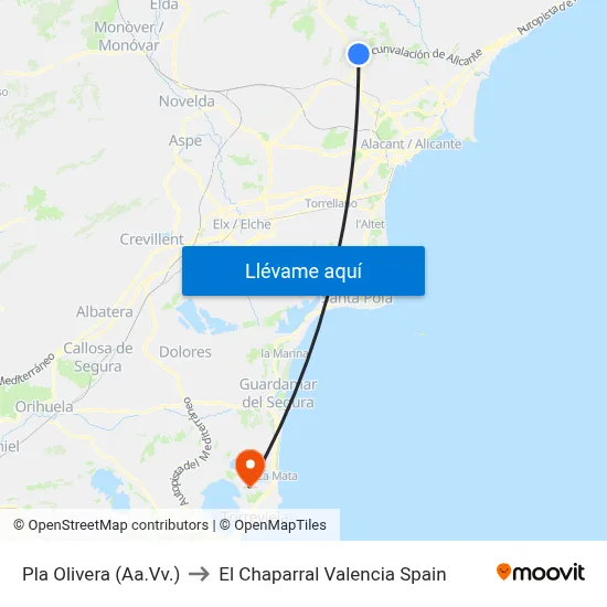 Pla Olivera (Aa.Vv.) to El Chaparral Valencia Spain map