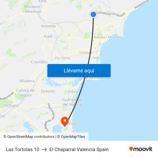 Las Tortolas 10 to El Chaparral Valencia Spain map