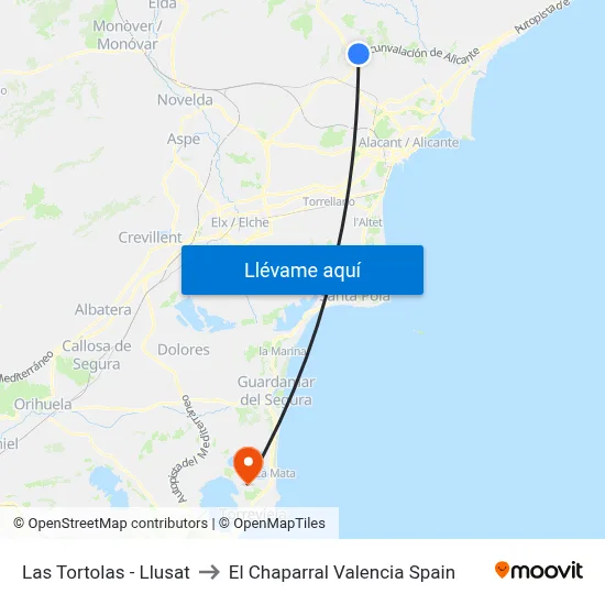 Las Tortolas - Llusat to El Chaparral Valencia Spain map