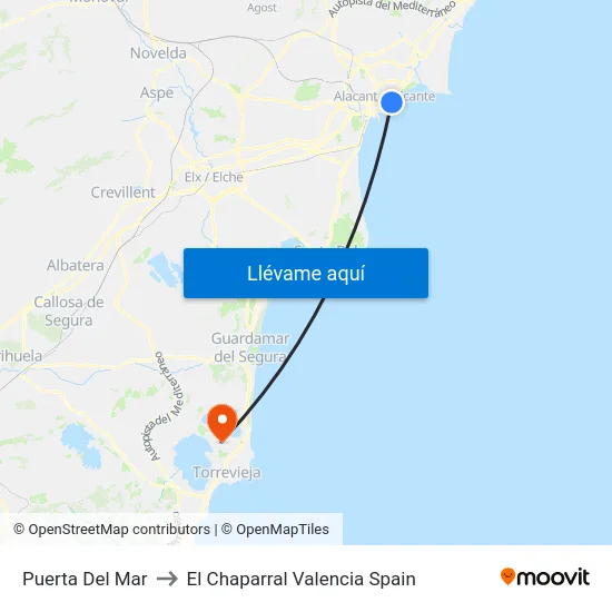 Puerta Del Mar to El Chaparral Valencia Spain map