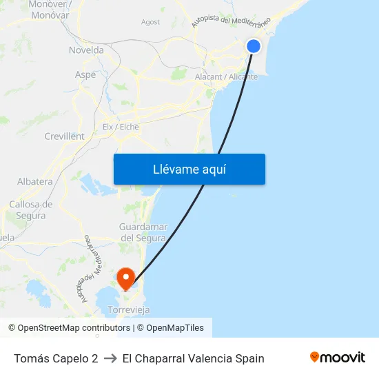 Tomás Capelo 2 to El Chaparral Valencia Spain map