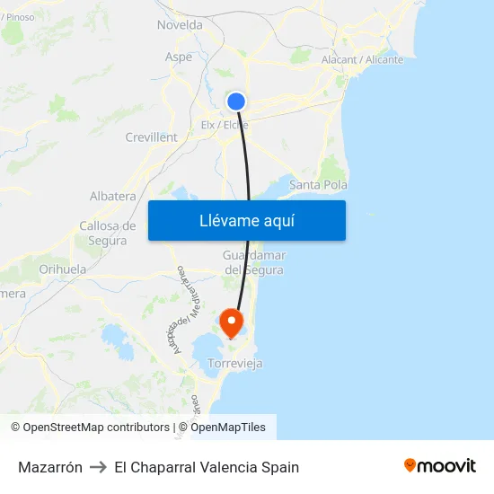 Mazarrón to El Chaparral Valencia Spain map
