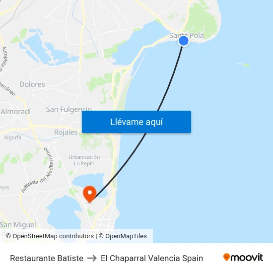 Restaurante Batiste to El Chaparral Valencia Spain map