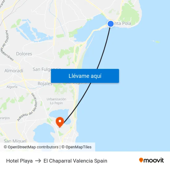 Hotel Playa to El Chaparral Valencia Spain map