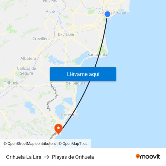 Orihuela-La Lira to Playas de Orihuela map