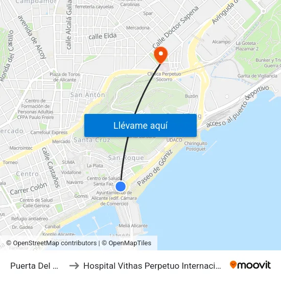Puerta Del Mar to Hospital Vithas Perpetuo Internacional map