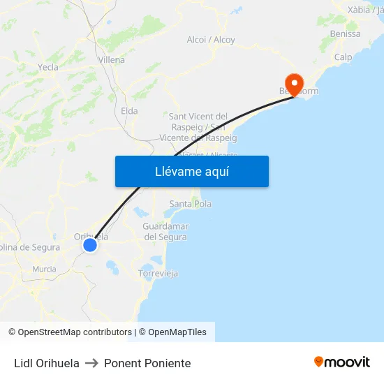Lidl Orihuela to Ponent Poniente map