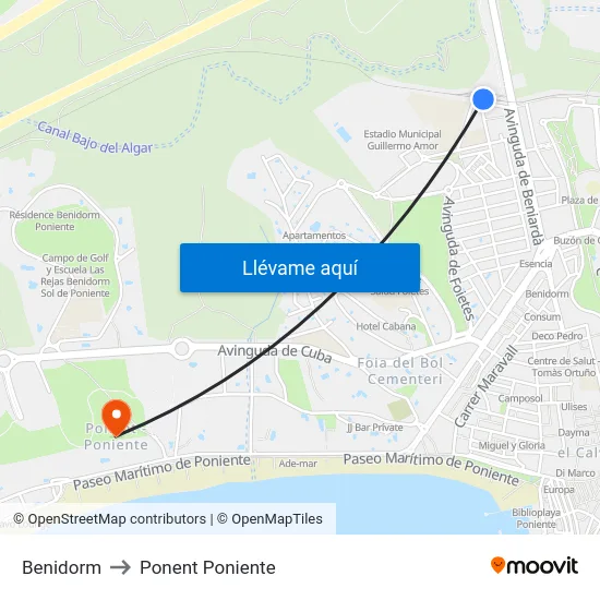 Benidorm to Ponent Poniente map