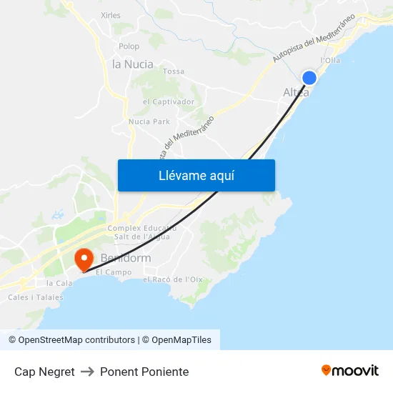 Cap Negret to Ponent Poniente map