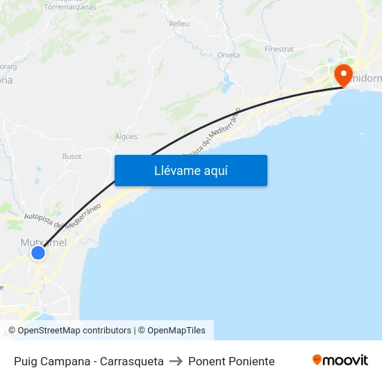 Puig Campana - Carrasqueta to Ponent Poniente map