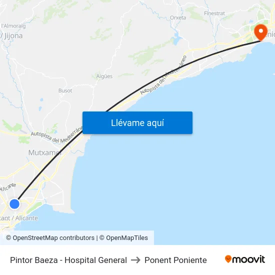 Pintor Baeza - Hospital General to Ponent Poniente map