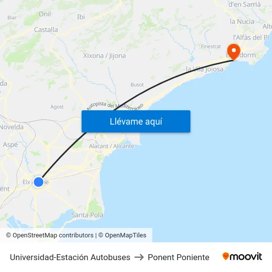 Universidad-Estación Autobuses to Ponent Poniente map