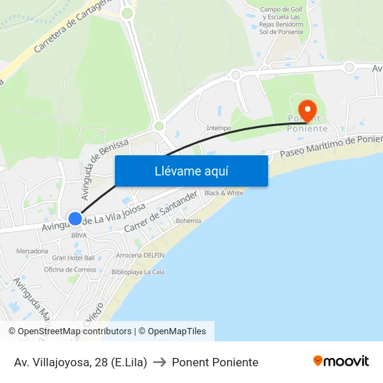Av. Villajoyosa, 28 (E.Lila) to Ponent Poniente map