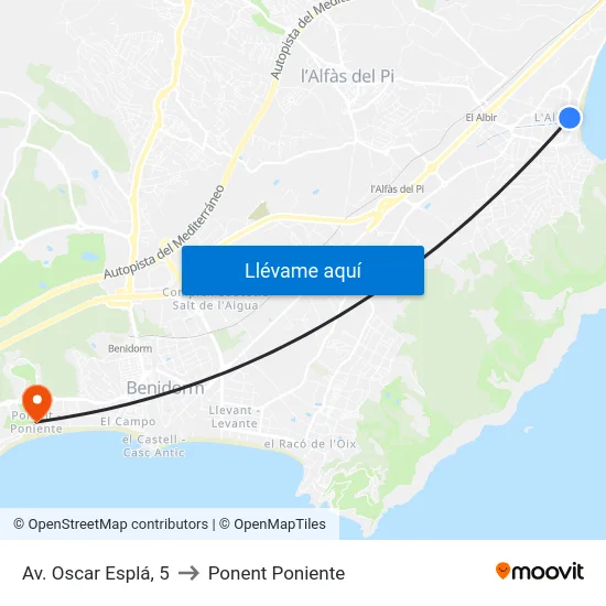 Av. Oscar Esplá, 5 to Ponent Poniente map