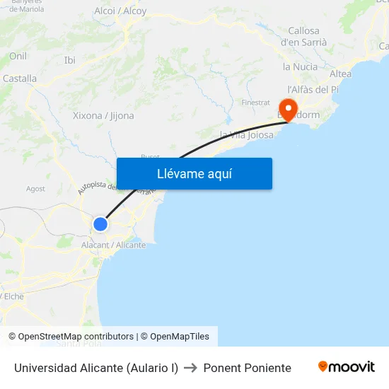 Universidad Alicante (Aulario I) to Ponent Poniente map