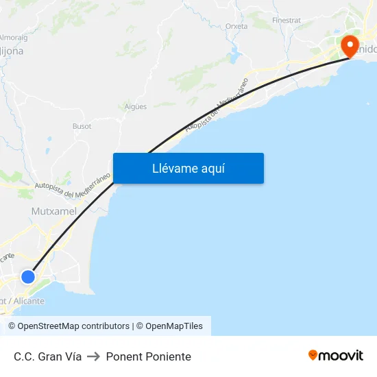 C.C. Gran Vía to Ponent Poniente map
