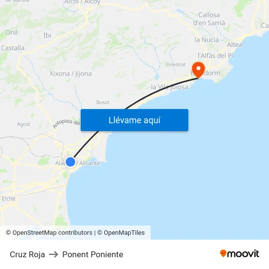 Cruz Roja to Ponent Poniente map