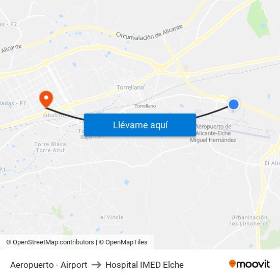 Aeropuerto - Airport to Hospital IMED Elche map