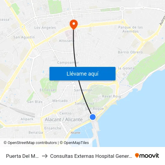 Puerta Del Mar to Consultas Externas Hospital General map