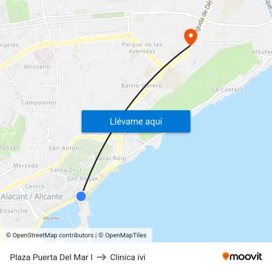 Plaza Puerta Del Mar I to Clinica ivi map
