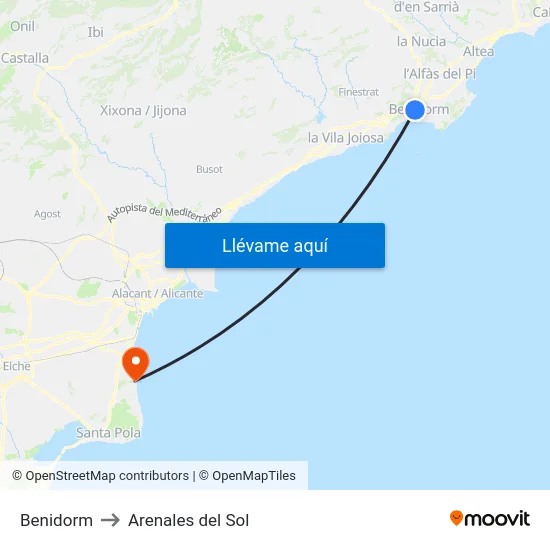 Benidorm to Arenales del Sol map