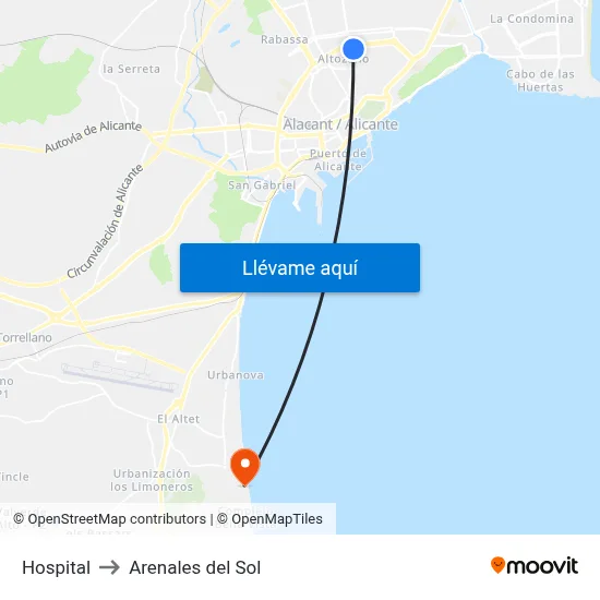 Hospital to Arenales del Sol map