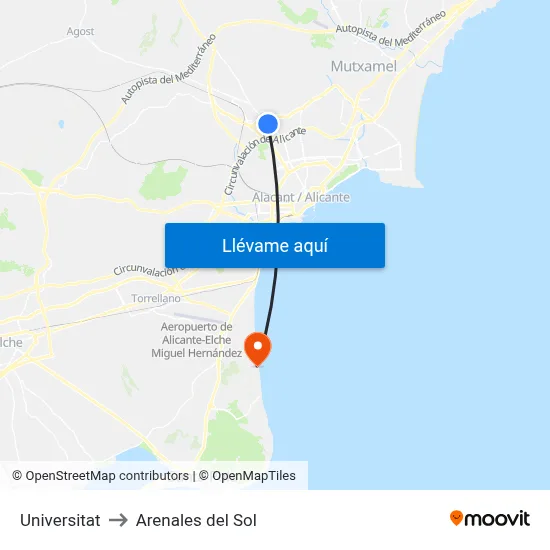 Universitat to Arenales del Sol map