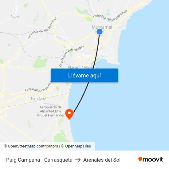 Puig Campana - Carrasqueta to Arenales del Sol map