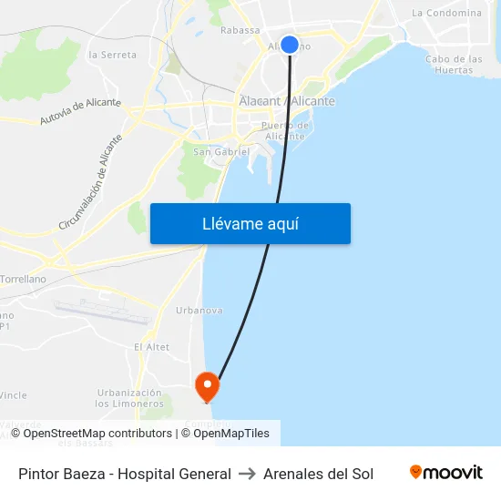 Pintor Baeza - Hospital General to Arenales del Sol map