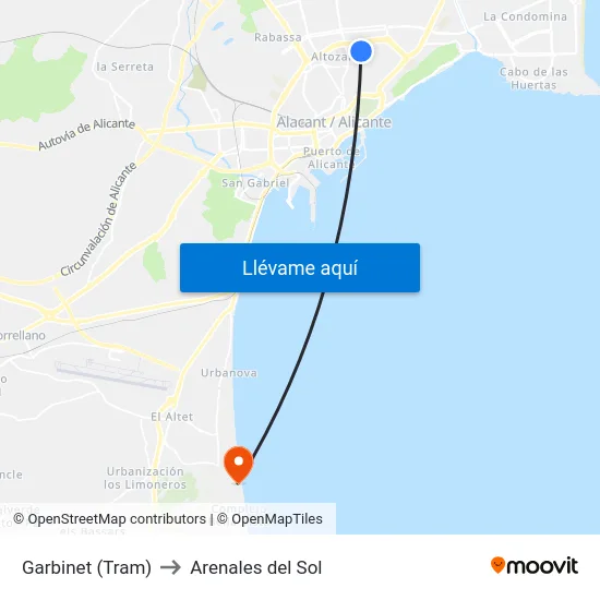 Garbinet (Tram) to Arenales del Sol map