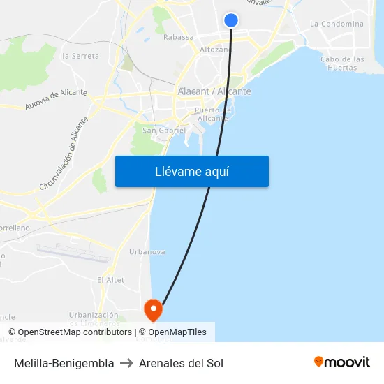 Melilla-Benigembla to Arenales del Sol map